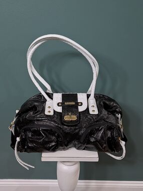 NWOT Sharif Studio Black Patent White Croc Leather Shoulder Bag + Accessory